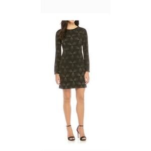 Vince Camuto Metallic Gold and Black Dress L/S Lined Size 10 Geometric knee leng